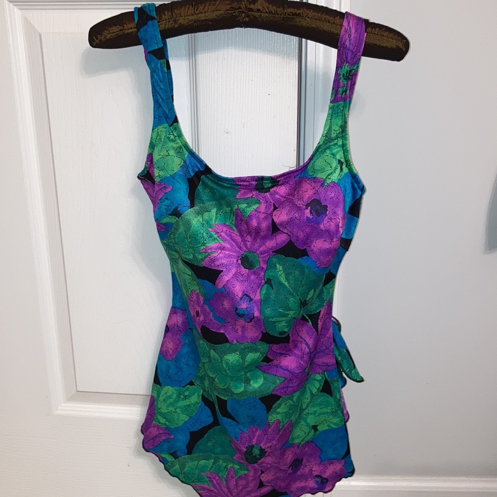 Womens colorful swim one piece skirted. Maxine of Hollywood.